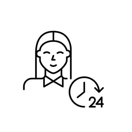 Professionally looking young woman and 24 hours clock. Always on duty, 24 7 endless customer care support. Pixel perfect, editable stroke vector iconのイラスト素材