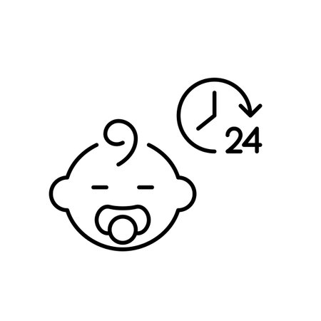Baby boy with pacifier and 24 7 care symbol. Round the clock infant nursery and assistance. Pixel perfect, editable stroke vector iconのイラスト素材