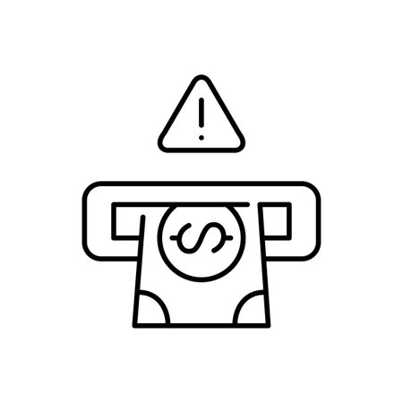 Cash dollar bill in ATM slot and danger alert. ATM fraud warning, security threats or malfunction. Pixel perfect, editable stroke vector iconのイラスト素材