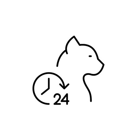 Cat and clock. 24 hours pet care and veterinary services. Round the clock animal hospital. Pixel perfect, editable stroke vector iconのイラスト素材