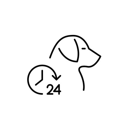 Dog and clock. 24 hours pet care and veterinary services. Round the clock animal hospital. Pixel perfect, editable stroke vector iconのイラスト素材