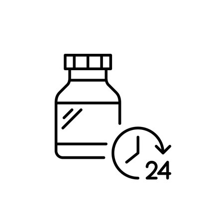 Medication bottle and 24 hours clock. Timeless pain relief, round the clock pharmacy access. Pixel perfect, editable stroke vector iconのイラスト素材