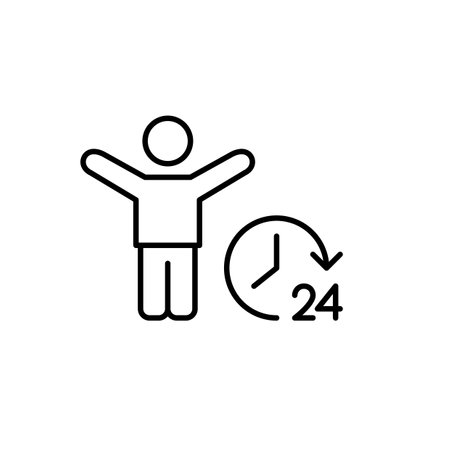 Stick figure with arms raised up in celebration gesture and 24 hours clock. Endless success and growth. Pixel perfect, editable stroke vector iconのイラスト素材