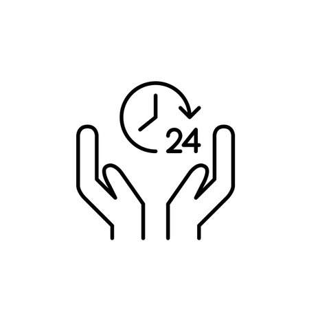 Hands holding clock with 24 hours symbol. Non-stop customer support. Always available service. Pixel perfect, editable stroke vector iconのイラスト素材