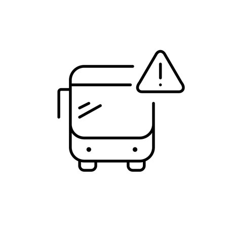 Public bus and hazard alert symbol. Exclamation mark in triangle. Transit system safety warning, accident emergency notification. Passenger risks and security. Pixel perfect, editable stroke vector iconのイラスト素材