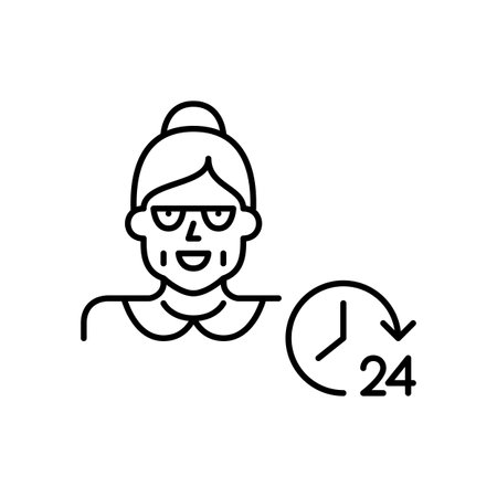 Senior woman wearing glasses and 24 hours clock. Endless caregiving, nursery home or family care. Pixel perfect, editable stroke vector iconのイラスト素材