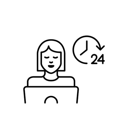 Young woman working or studying at laptop and 24 clock. All hours availability, round the clock focus. Pixel perfect, editable stroke vector iconのイラスト素材