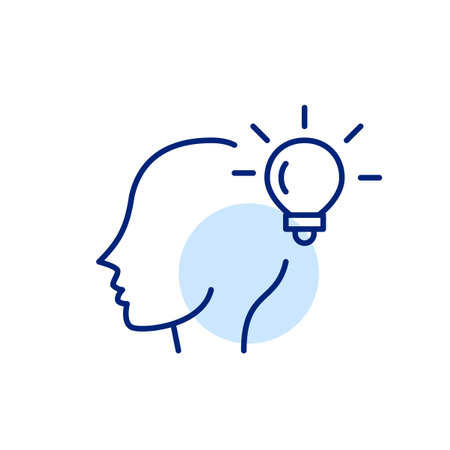 Head and light bulb. Creative smart solutions, innovative thinking. Pixel perfect, editable stroke vector iconのイラスト素材