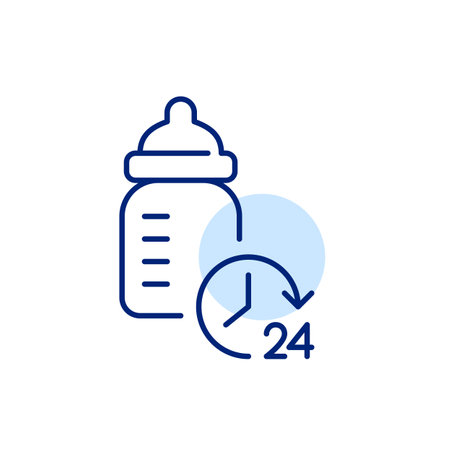 Baby bottle and 24 hours clock. Constant children care, feeding and support. Pixel perfect, editable stroke vector iconのイラスト素材