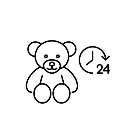 Teddy bear and 24 hours clock. Always available children support, care and medical assistance. Pixel perfect, editable stroke vector iconのイラスト素材