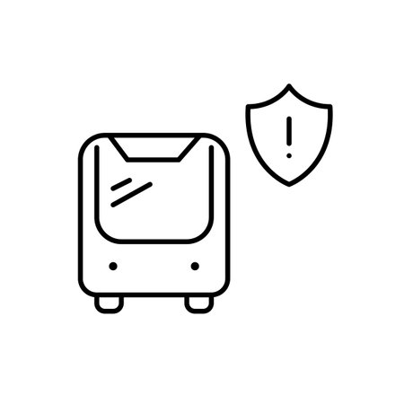 Bus, shield and exclamation mark. Public transport safety, danger notifications. Transit system security warning. Pixel perfect, editable stroke vector iconのイラスト素材