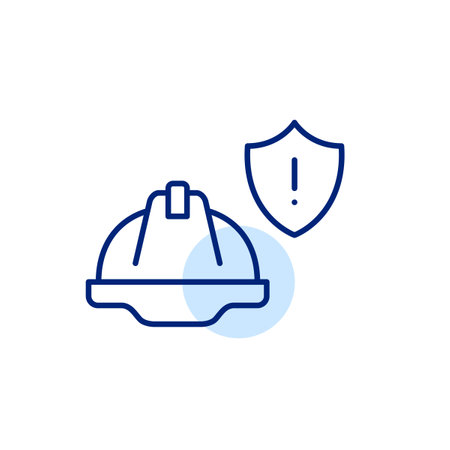 Hard hat and security shield with exclamation mark. Safety compliance notice, construction worksite hazard alert. Pixel perfect, editable stroke vector iconのイラスト素材