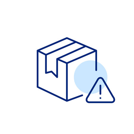 Parcel and danger alert with exclamation mark. Hazardous items, risk of damage in transit, fragile package warning. Pixel perfect, editable stroke vector iconのイラスト素材