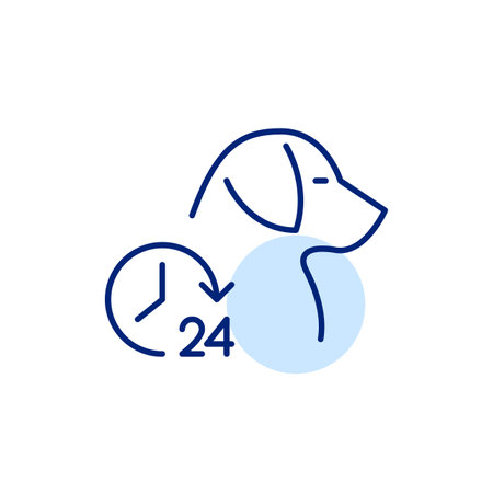 Dog and clock. 24 hours pet care and veterinary services. Round the clock animal hospital. Pixel perfect, editable stroke vector iconのイラスト素材