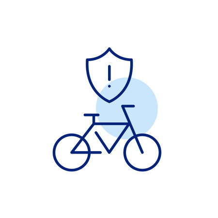 Bicycle, shield and exclamation mark. Road accident risks, cyclist safety and possible hazards. Pixel perfect, editable stroke vector iconのイラスト素材