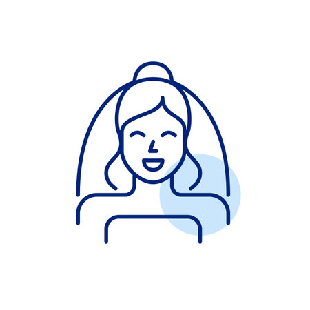 Smiling bride wearing veil. Wedding dressing gown, makeup and hairstyle. Pixel perfect, editable stroke vector iconのイラスト素材