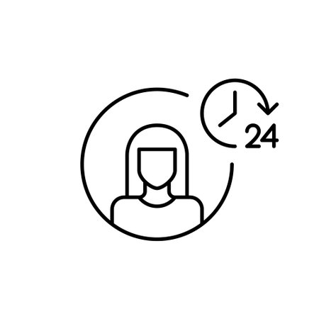 Woman user profile and 24 hours symbol. Round the clock customer support, always online. Pixel perfect, editable stroke vector iconのイラスト素材