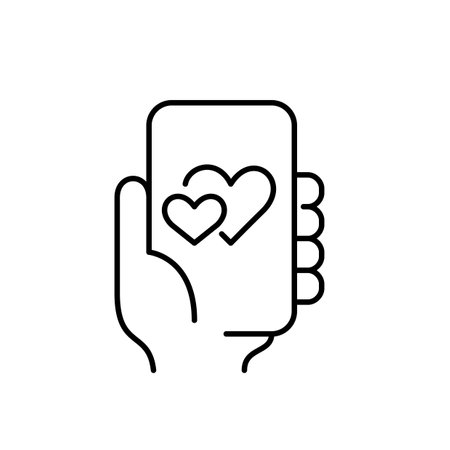 Hand holding phone with hearts on screen. Dating app, virtual relationships hub. Pixel perfect, editable stroke vector iconのイラスト素材