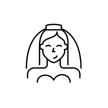 Happy bride wearing classic dress and veil. Wedding day reception. Pixel perfect, editable stroke vector iconのイラスト素材
