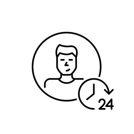 Male user avatar and 24 hours clock. Constant digital presence, 24 7 online support. Pixel perfect, editable stroke vector iconのイラスト素材