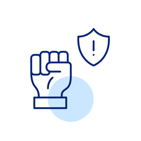 Raised fist and shield with exclamation mark. Power of collective action while cautioning against potential dangers. Pixel perfect, editable stroke vector iconのイラスト素材
