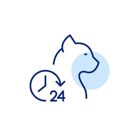 Cat and clock. 24 hours pet care and veterinary services. Round the clock animal hospital. Pixel perfect, editable stroke vector iconのイラスト素材