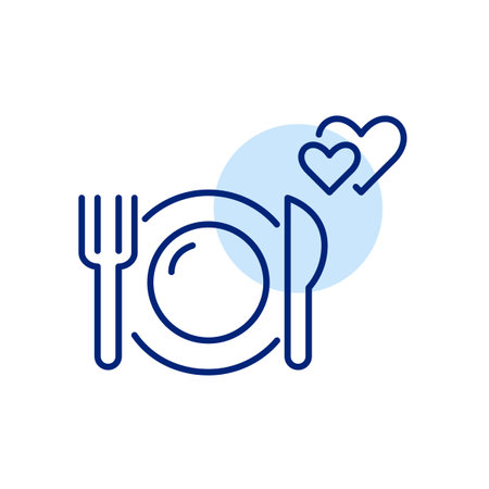 Plate, fork and knife. Restaurant romantic date night. Two hearts intertwined, love and wedding anniversary. Pixel perfect, editable stroke vector iconのイラスト素材