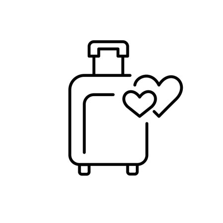 Plane luggage and hearts. Wheeler suitcase. Romantic holiday, vacation travel. Pixel perfect, editable stroke vector iconのイラスト素材