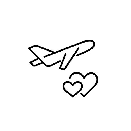 Flying airplane and hearts intertwined. Romantic getaway, honeymoon and holidays destinations. Pixel perfect, editable stroke vector iconのイラスト素材