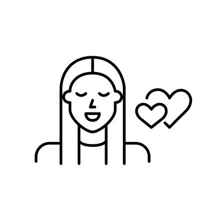 Young woman and two hearts. Looking for relationships, love match making. Dating apps and services. Pixel perfect, editable stroke vector iconのイラスト素材