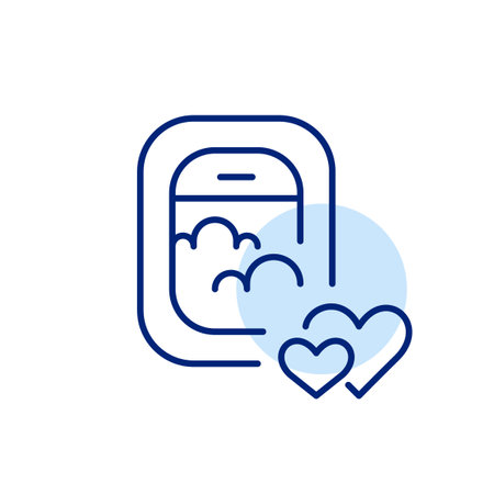 Airplane window with clouds and hearts. Romantic travel. Honeymoon vacation. Best holiday destinations. Pixel perfect, editable stroke vector iconのイラスト素材