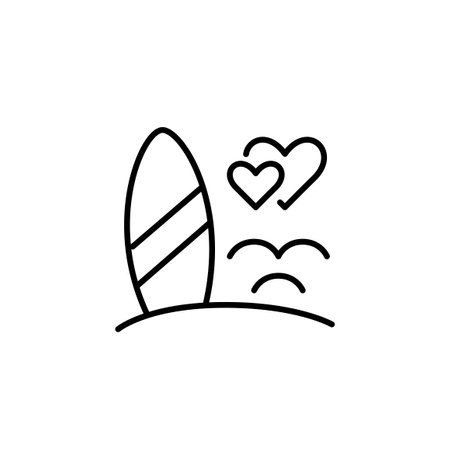 Sea and surfboard on the beach. Vacation, romantic holiday getaway. Pixel perfect, editable stroke vector iconのイラスト素材