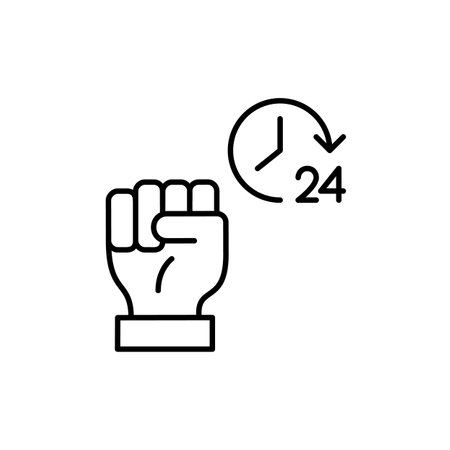 Fist raised up and 24 hours clock. Round the clock achievements and triumph. Constant dedication. Pixel perfect, editable stroke vector iconのイラスト素材