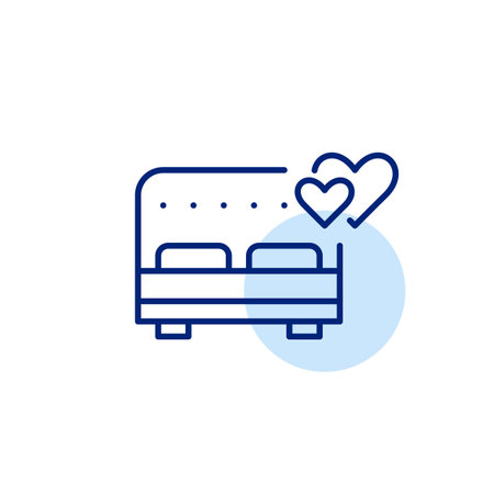 Double bed and two hearts. Honeymoon suite, luxurious hotel room. Holiday vacation, romantic getaway. Pixel perfect, editable stroke vector iconのイラスト素材