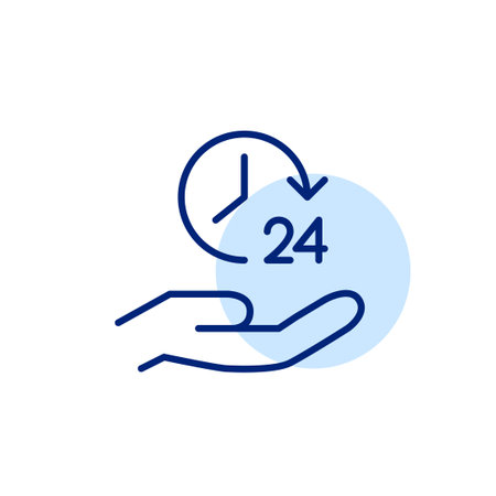 Hand holding clock with 24 hours symbol. Constant care and support, customer hotline. Pixel perfect, editable stroke vector iconのイラスト素材