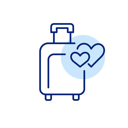 Plane luggage and hearts. Wheeler suitcase. Romantic holiday, vacation travel. Pixel perfect, editable stroke vector iconのイラスト素材