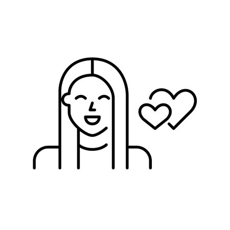 Smiling girl and two hearts. Romantic match, looking for love. Relationship goals. Pixel perfect, editable stroke vector iconのイラスト素材