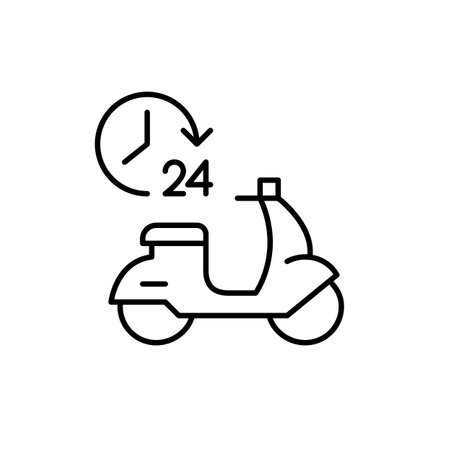 24 hours food and package delivery. Scooter and clock. Pixel perfect, editable stroke vector iconのイラスト素材