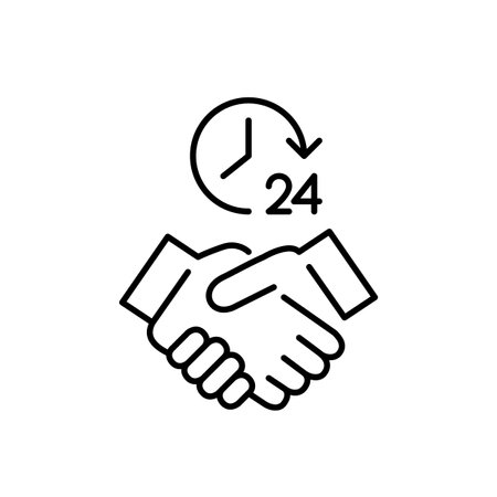 Handshake and 24 hours clock. Non-stop care, support and assistance. Pixel perfect, editable stroke vector iconのイラスト素材