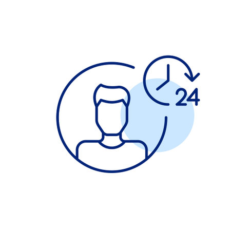 Man user profile and 24 hours symbol. Round the clock customer support, always online. Pixel perfect, editable stroke vector iconのイラスト素材