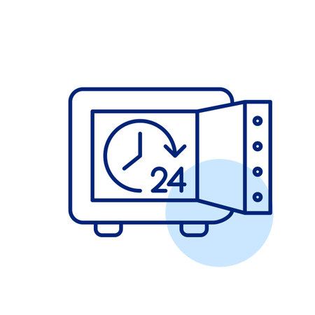 Money safe and 24 hours symbol. Round the clock constant assets security and financial protection. Pixel perfect, editable stroke vector iconのイラスト素材