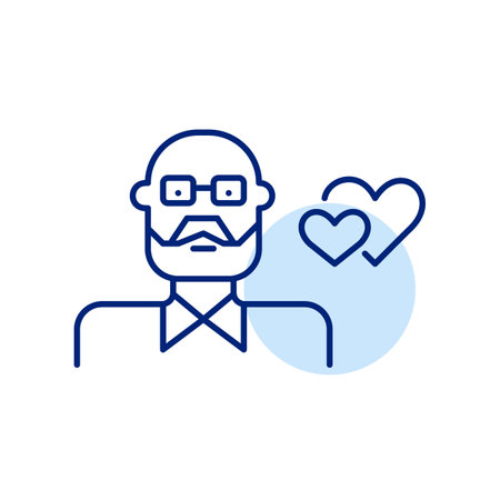 Dating app for seniors. Older man wearing glasses and beard and two hearts. Pixel perfect, editable stroke vector iconのイラスト素材
