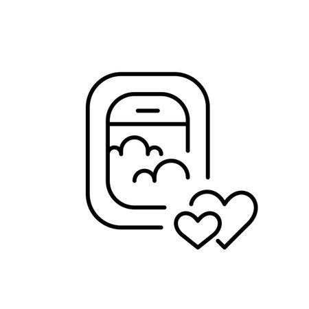 Airplane window with clouds and hearts. Romantic travel. Honeymoon vacation. Best holiday destinations. Pixel perfect, editable stroke vector iconのイラスト素材