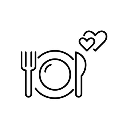 Plate, fork and knife. Restaurant romantic date night. Two hearts intertwined, love and wedding anniversary. Pixel perfect, editable stroke vector iconのイラスト素材