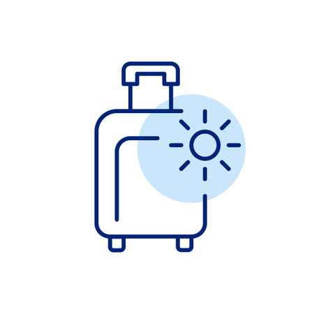 Wheeler luggage suitcase and sun. Beach holiday, travel getaway. Pixel perfect, editable stroke vector iconのイラスト素材