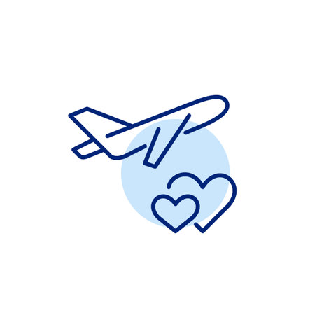Flying airplane and hearts intertwined. Romantic getaway, honeymoon and holidays destinations. Pixel perfect, editable stroke vector iconのイラスト素材