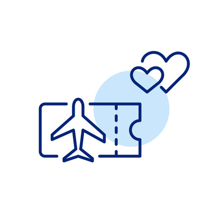 Airplane ticket and hearts. Romantic holiday, vacation travel. Honeymoon and anniversary. Pixel perfect, editable stroke vector iconのイラスト素材