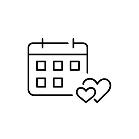 Calendar with two hearts intertwined. Romantic date night, relationship couple anniversary, engagement or wedding day. Pixel perfect, editable stroke vector iconのイラスト素材