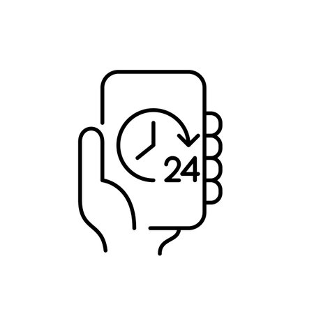 Hand holding phone with 24 clock symbol. 24 7 support, online presence or service. Pixel perfect, editable stroke vector iconのイラスト素材