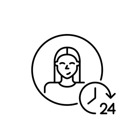 Female user avatar and 24 hours clock. Constant digital presence, 24 7 online support. Pixel perfect, editable stroke vector iconのイラスト素材